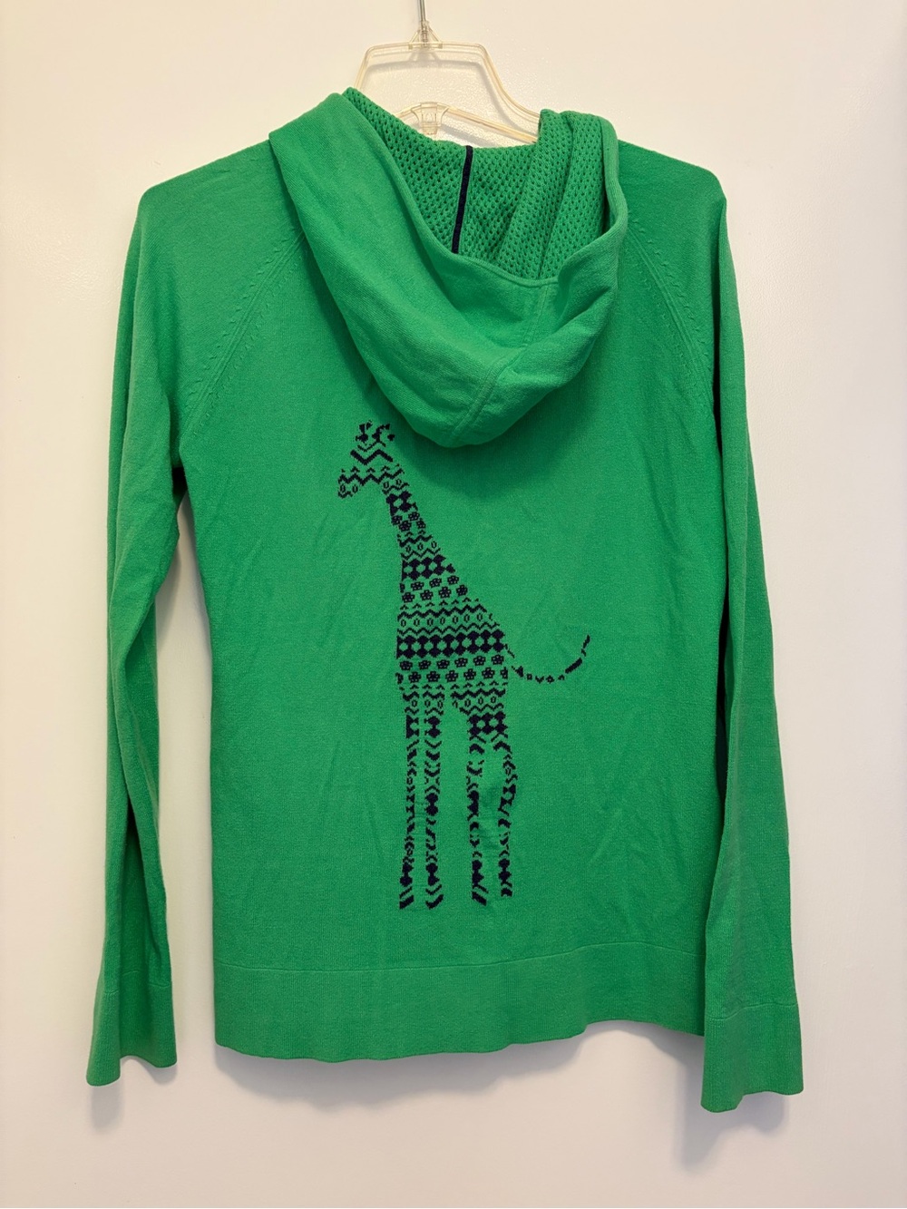 Lilly Pulitzer Green knit hoodie with navy Giraffe Motif